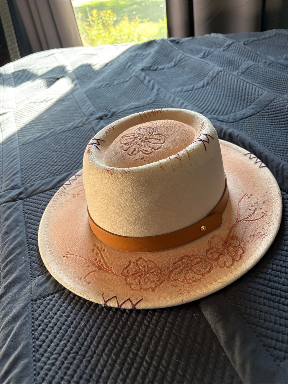 Women’s Embroidered Cream Western Wool Hat with Tan Band